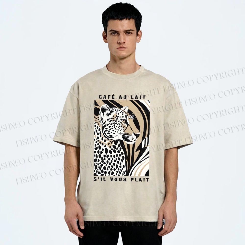 Unisex Milk Cafe Leopard Printed Washed Tee