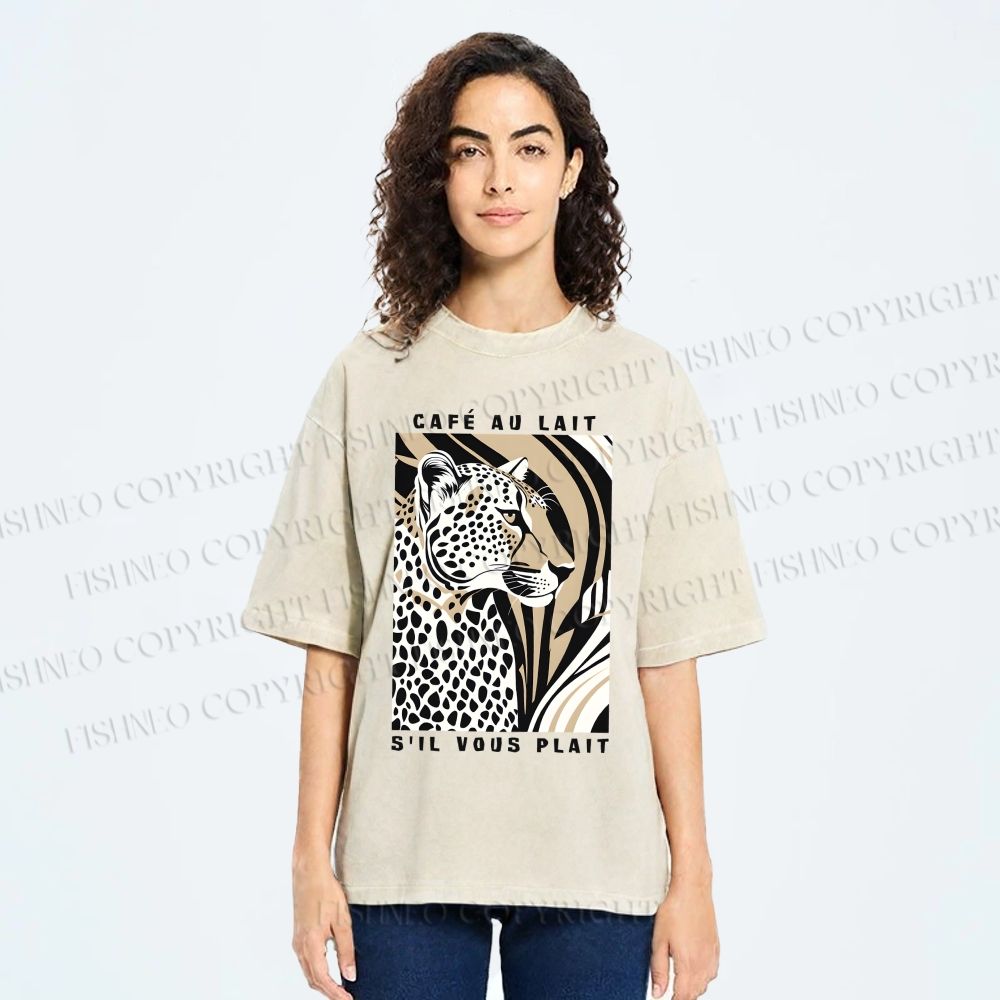 Unisex Milk Cafe Leopard Printed Washed Tee