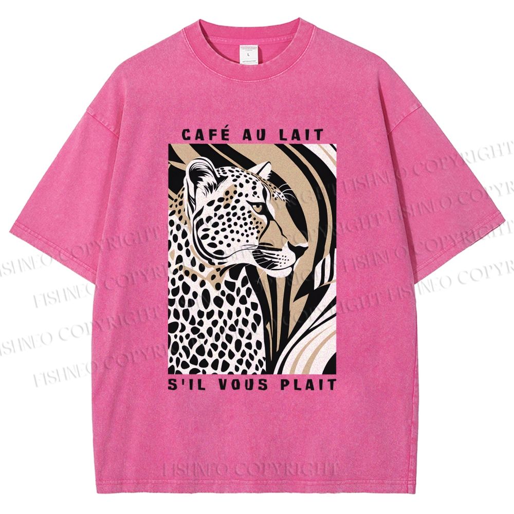 Unisex Milk Cafe Leopard Printed Washed Tee