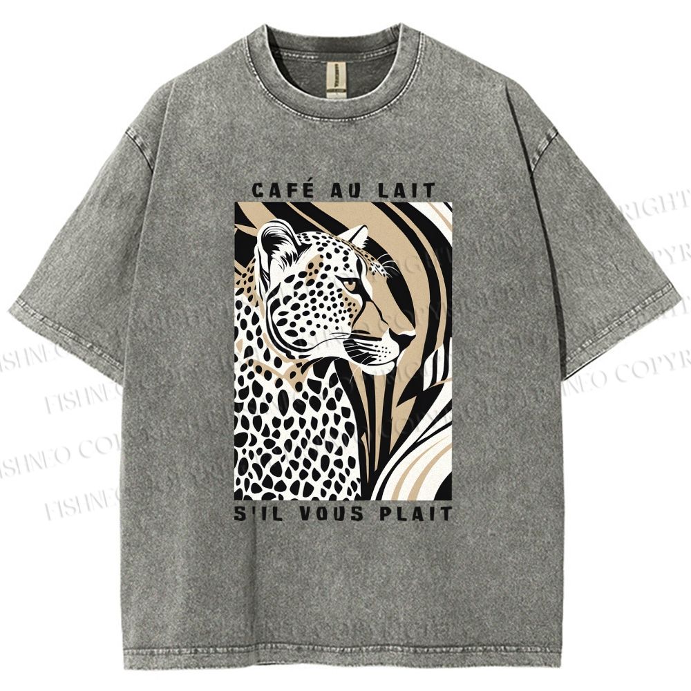 Unisex Milk Cafe Leopard Printed Washed Tee