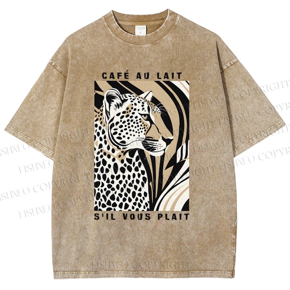 Unisex Milk Cafe Leopard Printed Washed Tee