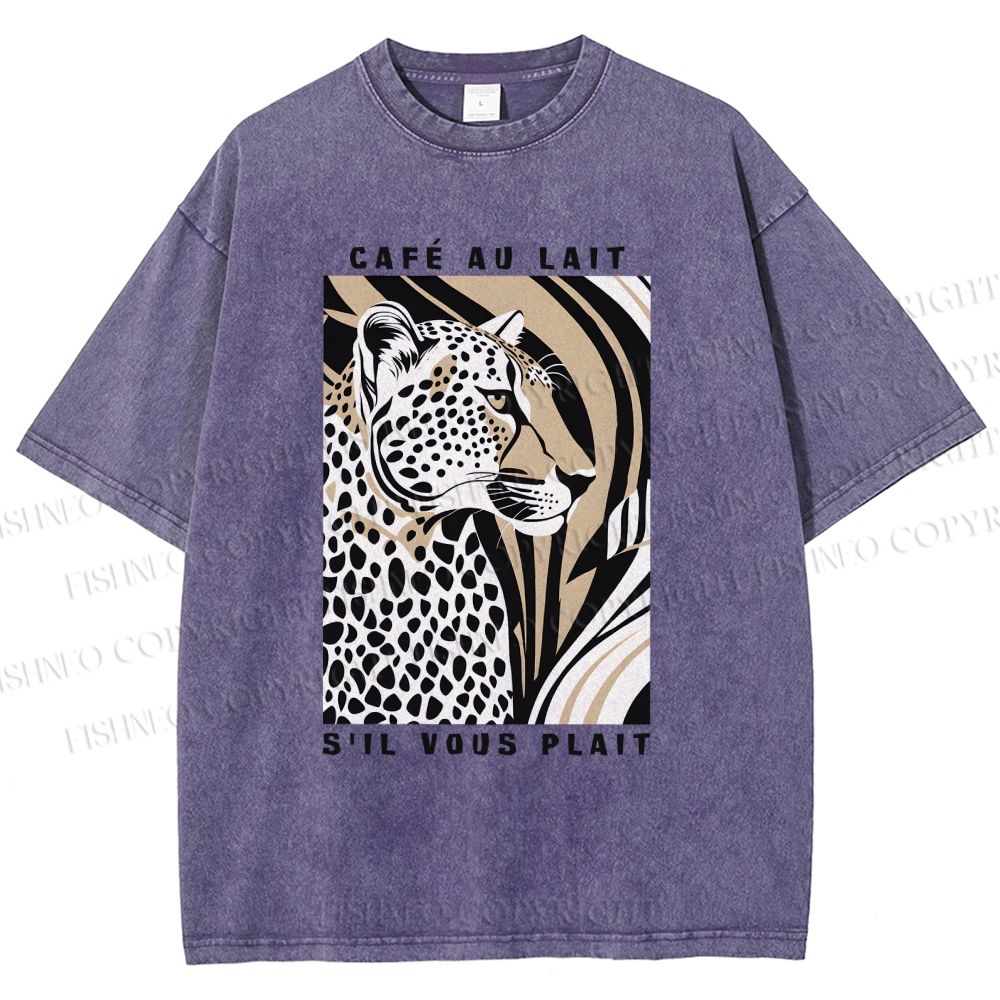 Unisex Milk Cafe Leopard Printed Washed Tee