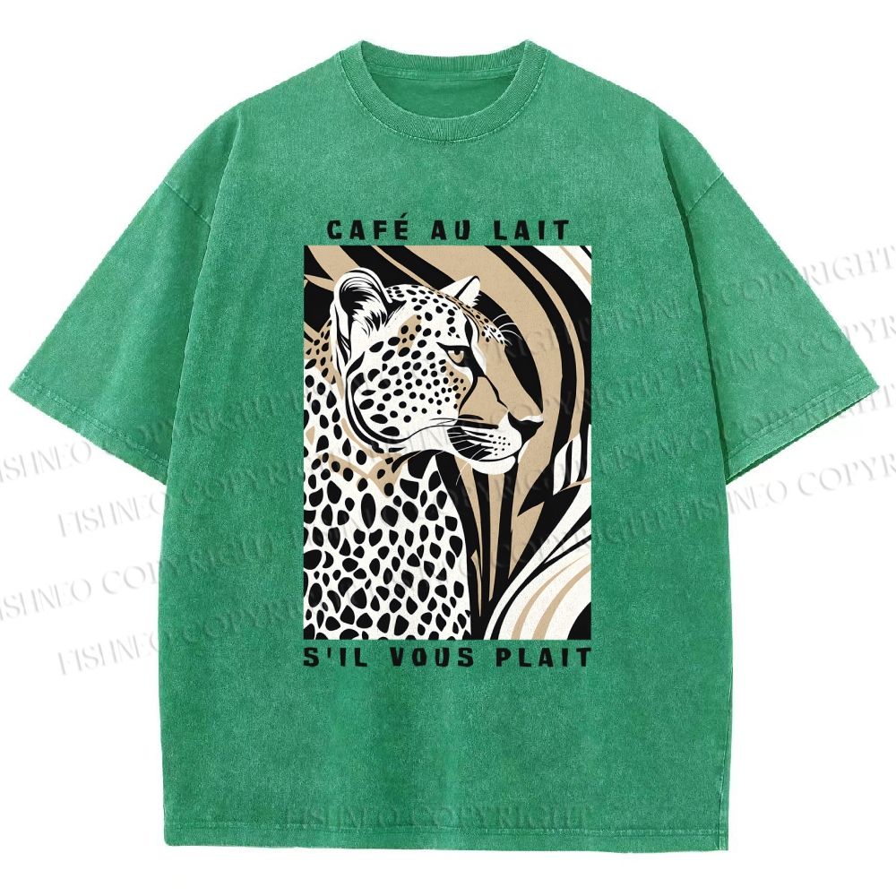 Unisex Milk Cafe Leopard Printed Washed Tee