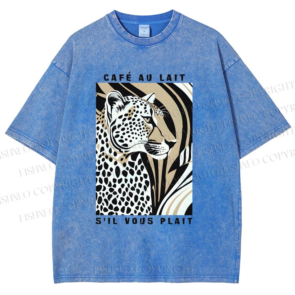Unisex Milk Cafe Leopard Printed Washed Tee
