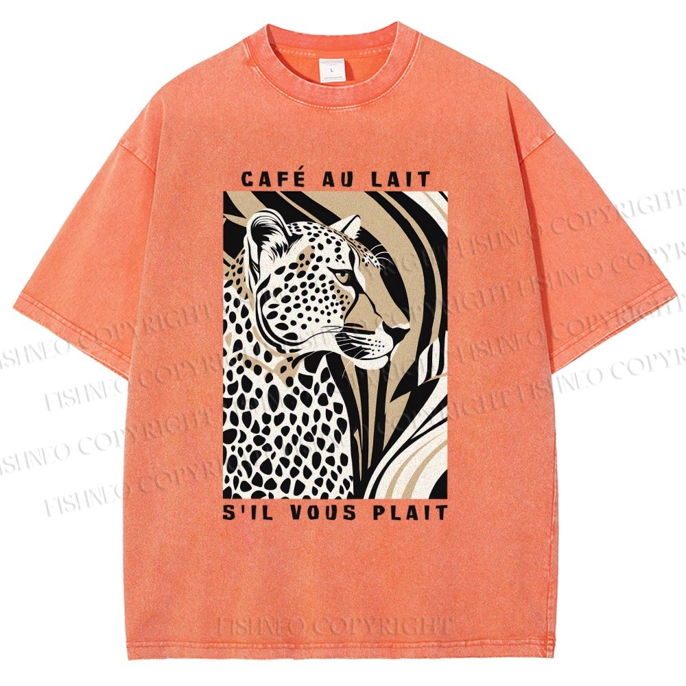 Unisex Milk Cafe Leopard Printed Washed Tee
