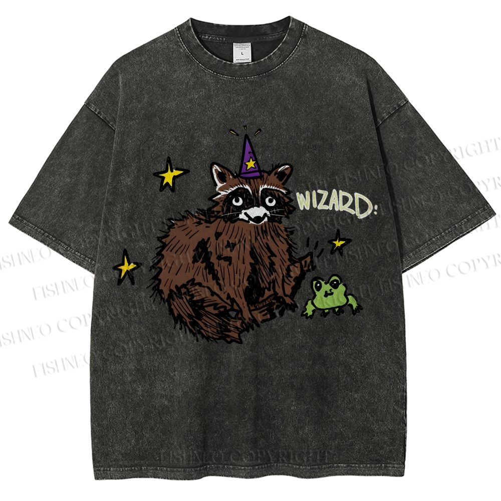 Unisex Wizard Raccoon Printed Washed Tee
