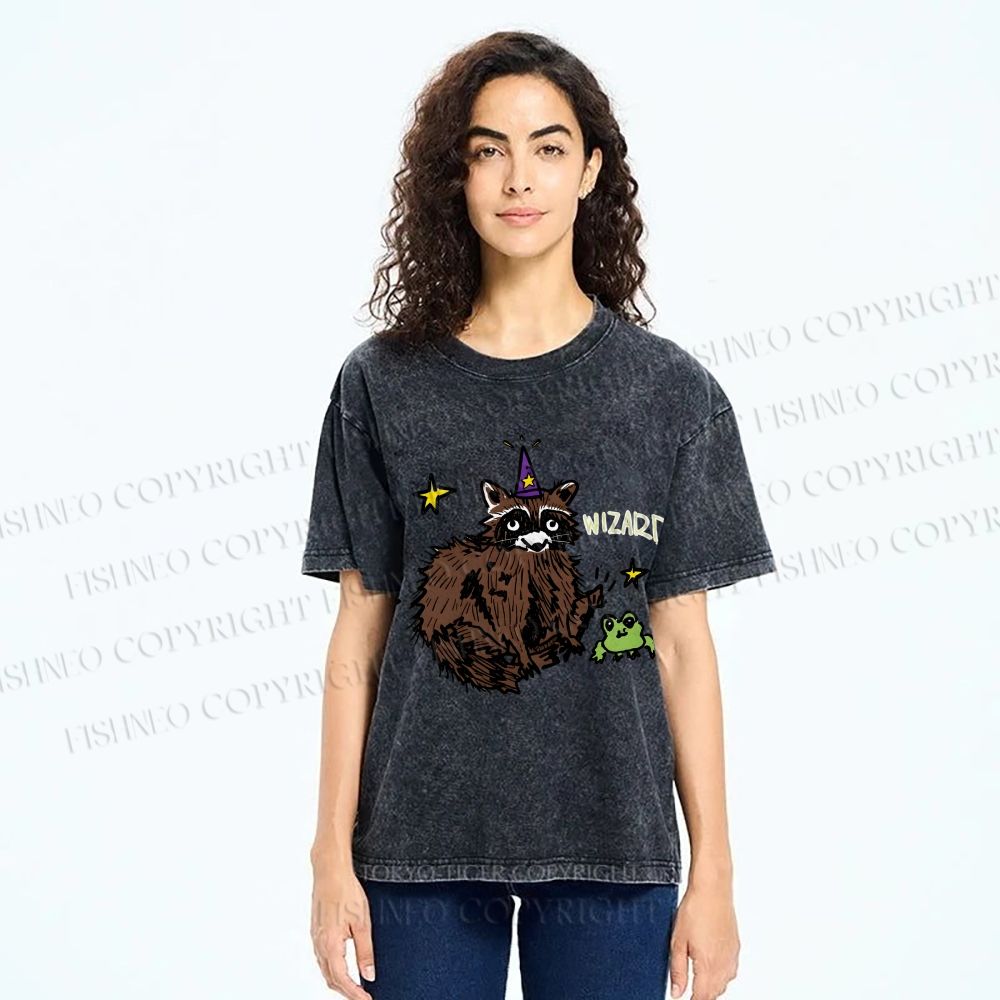 Unisex Wizard Raccoon Printed Washed Tee