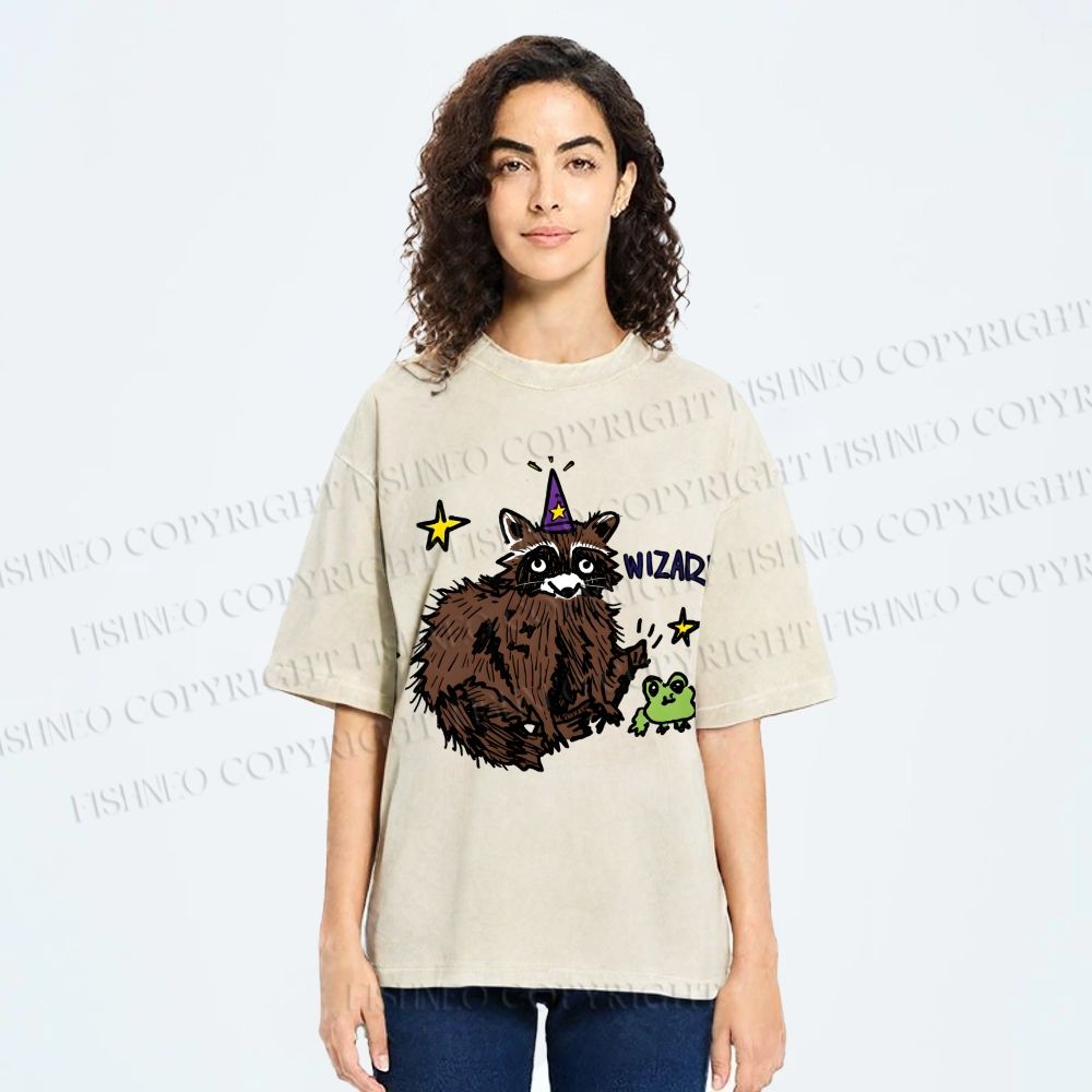 Unisex Wizard Raccoon Printed Washed Tee