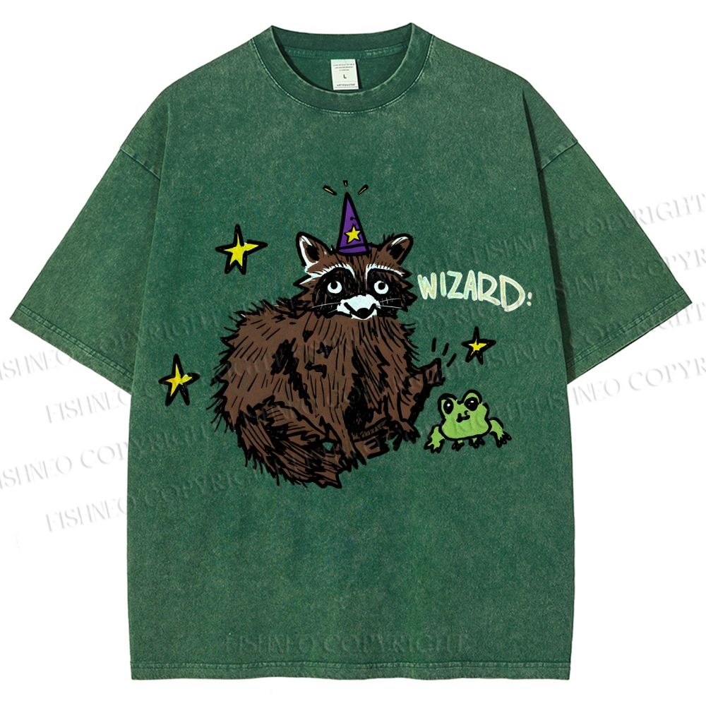 Unisex Wizard Raccoon Printed Washed Tee