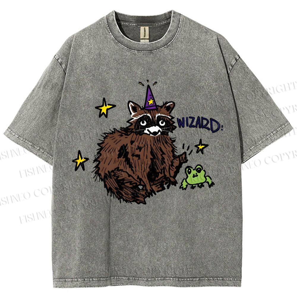Unisex Wizard Raccoon Printed Washed Tee