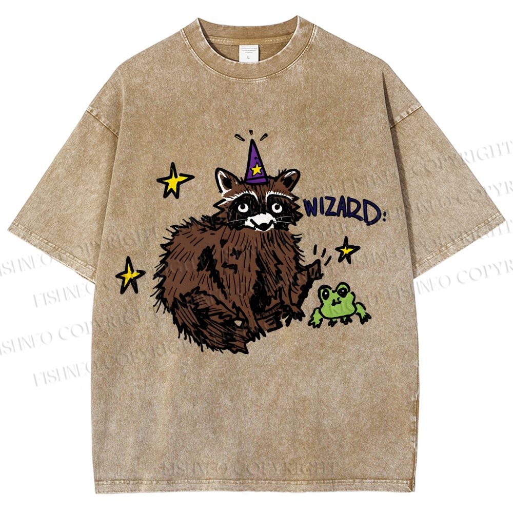 Unisex Wizard Raccoon Printed Washed Tee