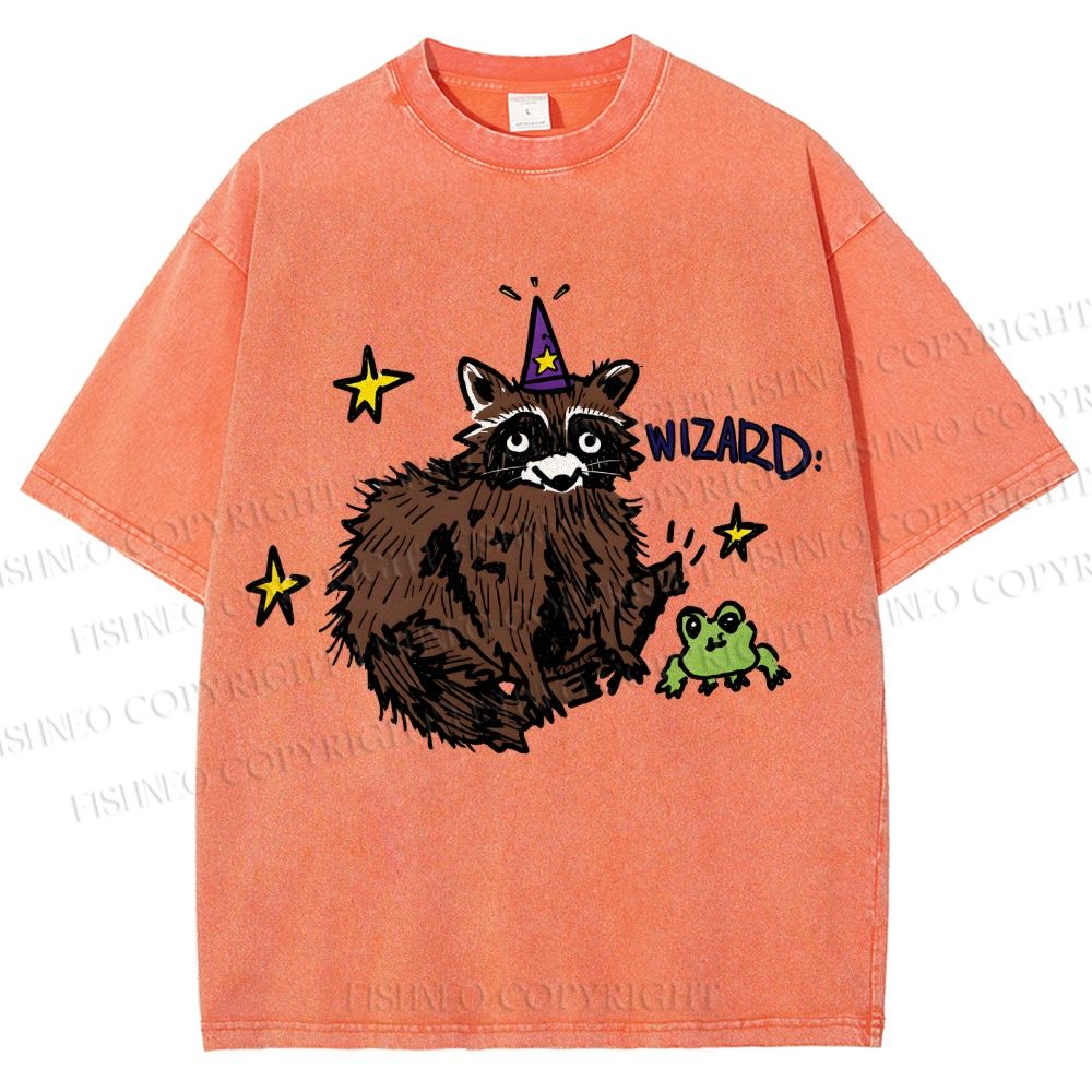 Unisex Wizard Raccoon Printed Washed Tee