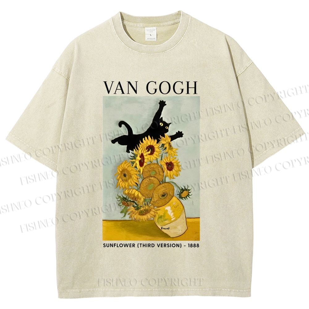 Unisex Naughty Van Gogh's Cat Printed Washed Tee