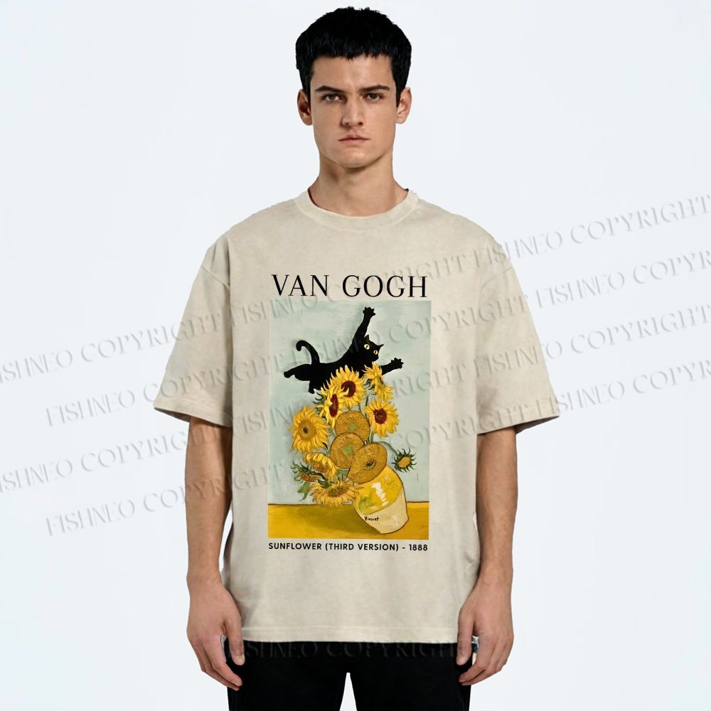 Unisex Naughty Van Gogh's Cat Printed Washed Tee