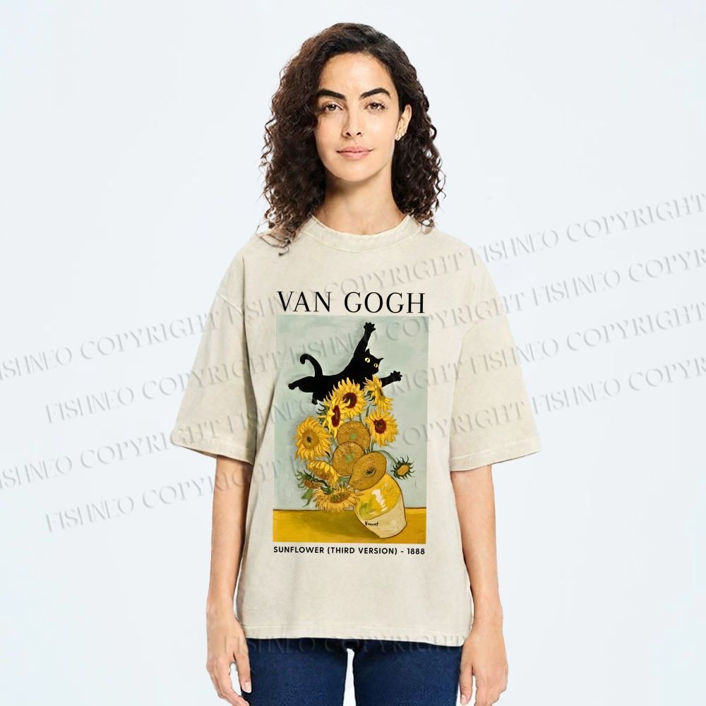 Unisex Naughty Van Gogh's Cat Printed Washed Tee