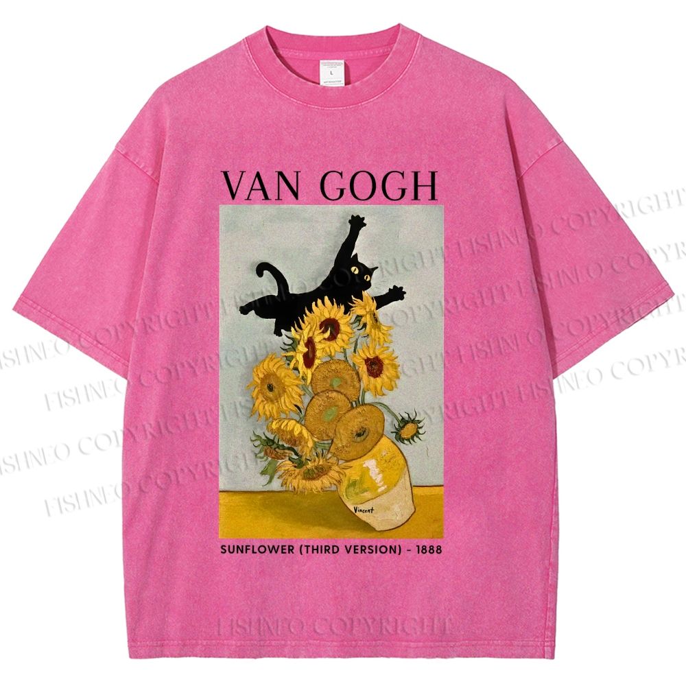 Unisex Naughty Van Gogh's Cat Printed Washed Tee