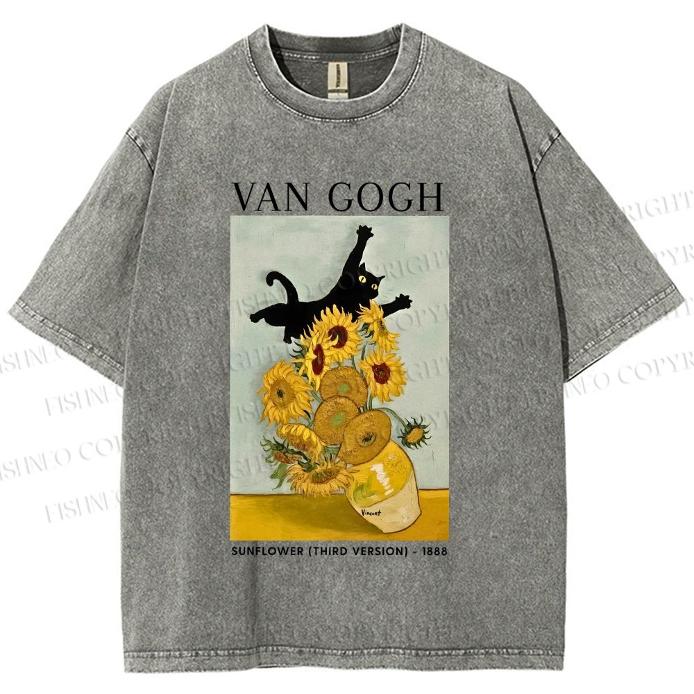 Unisex Naughty Van Gogh's Cat Printed Washed Tee