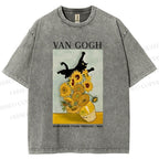 Unisex Naughty Van Gogh's Cat Printed Washed Tee