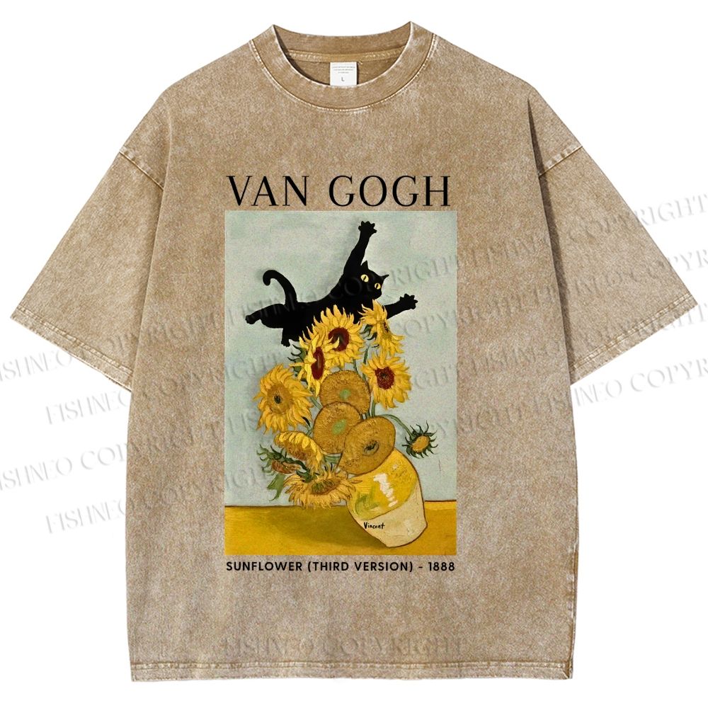 Unisex Naughty Van Gogh's Cat Printed Washed Tee