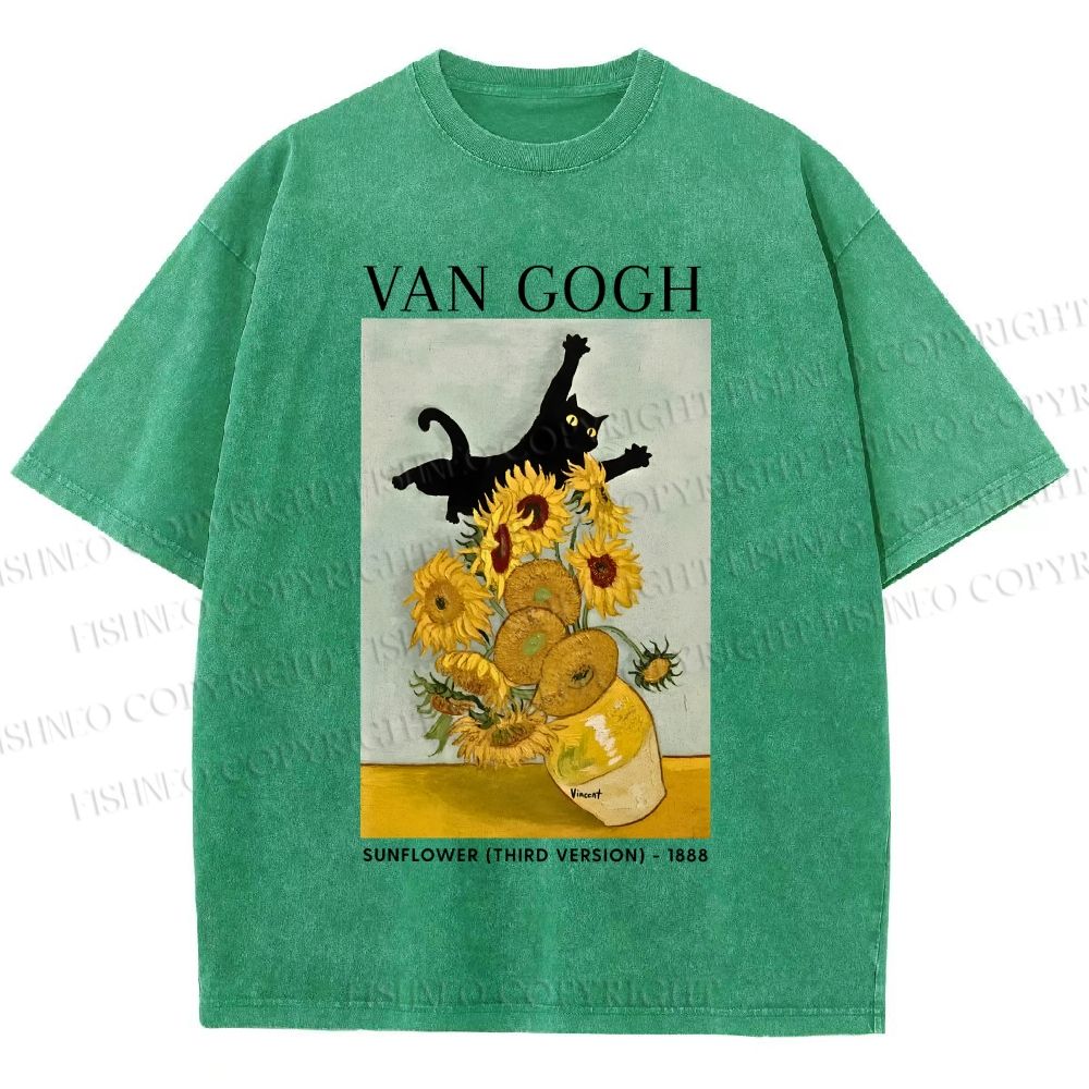 Unisex Naughty Van Gogh's Cat Printed Washed Tee