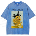 Unisex Naughty Van Gogh's Cat Printed Washed Tee