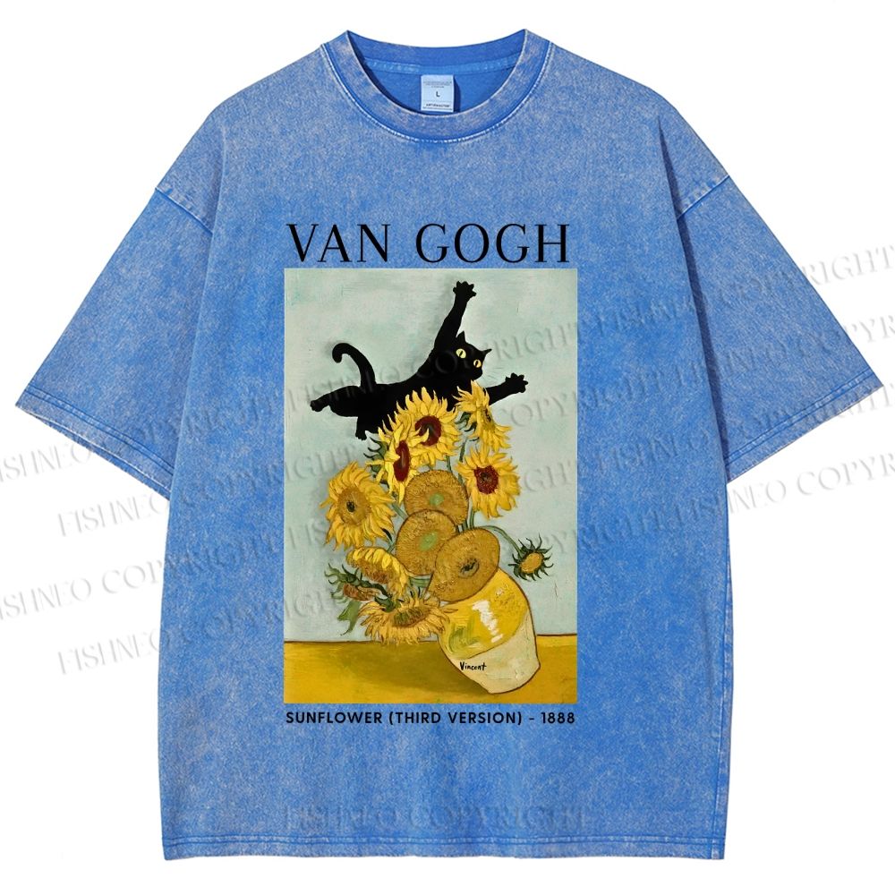 Unisex Naughty Van Gogh's Cat Printed Washed Tee