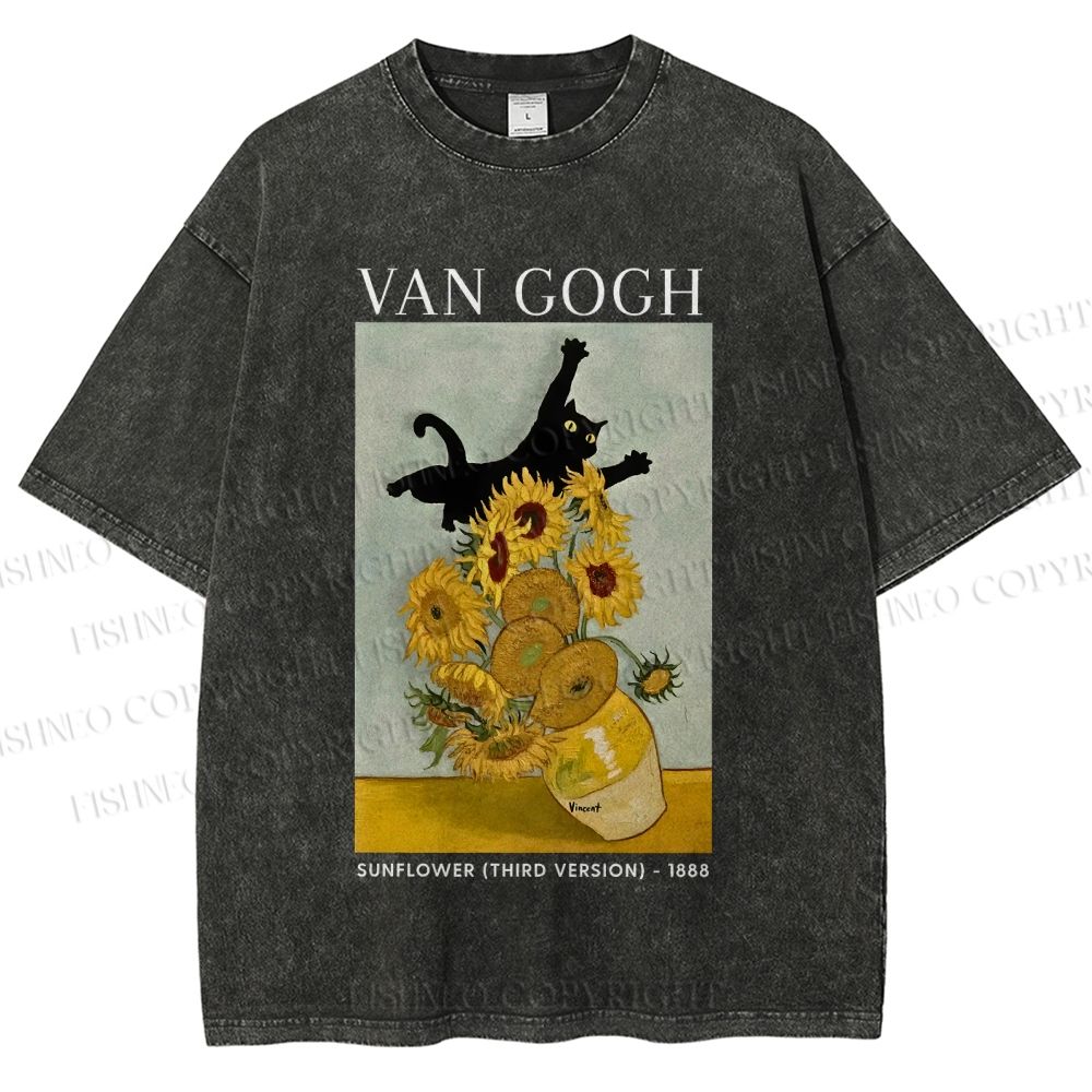 Unisex Naughty Van Gogh's Cat Printed Washed Tee