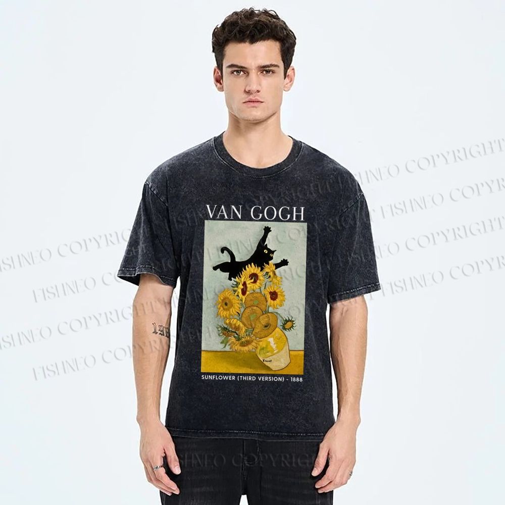 Unisex Naughty Van Gogh's Cat Printed Washed Tee