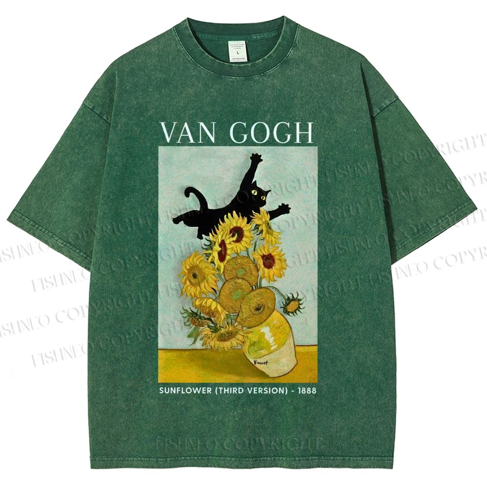 Unisex Naughty Van Gogh's Cat Printed Washed Tee