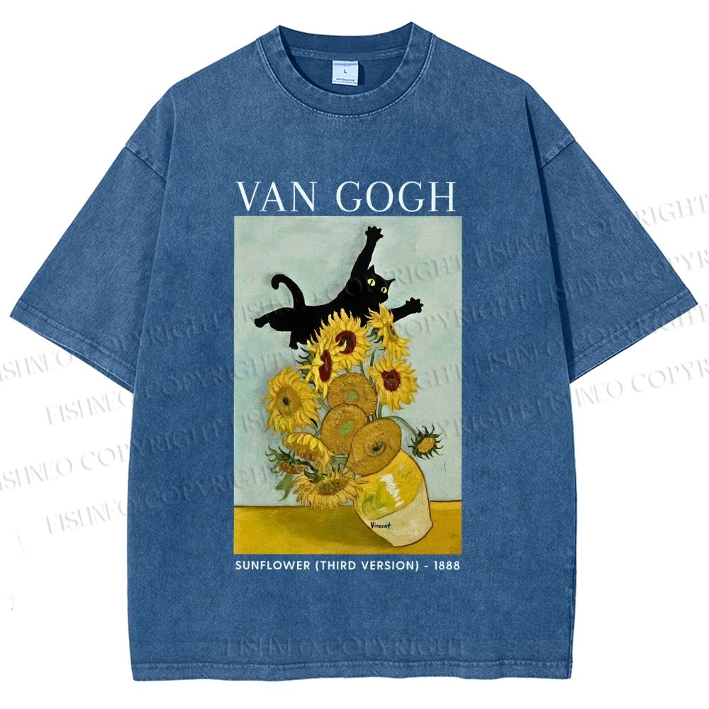 Unisex Naughty Van Gogh's Cat Printed Washed Tee
