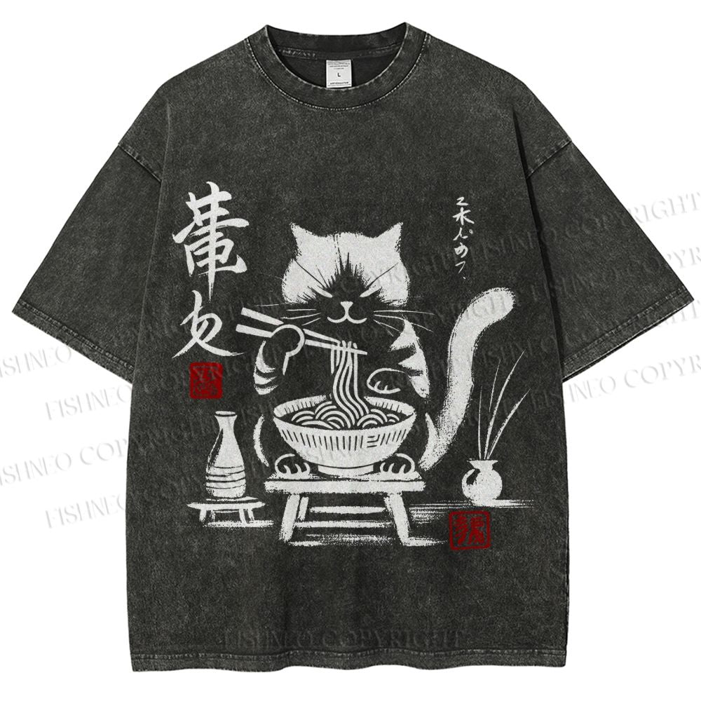 Unisex Ramen Cat Printed Washed Tee