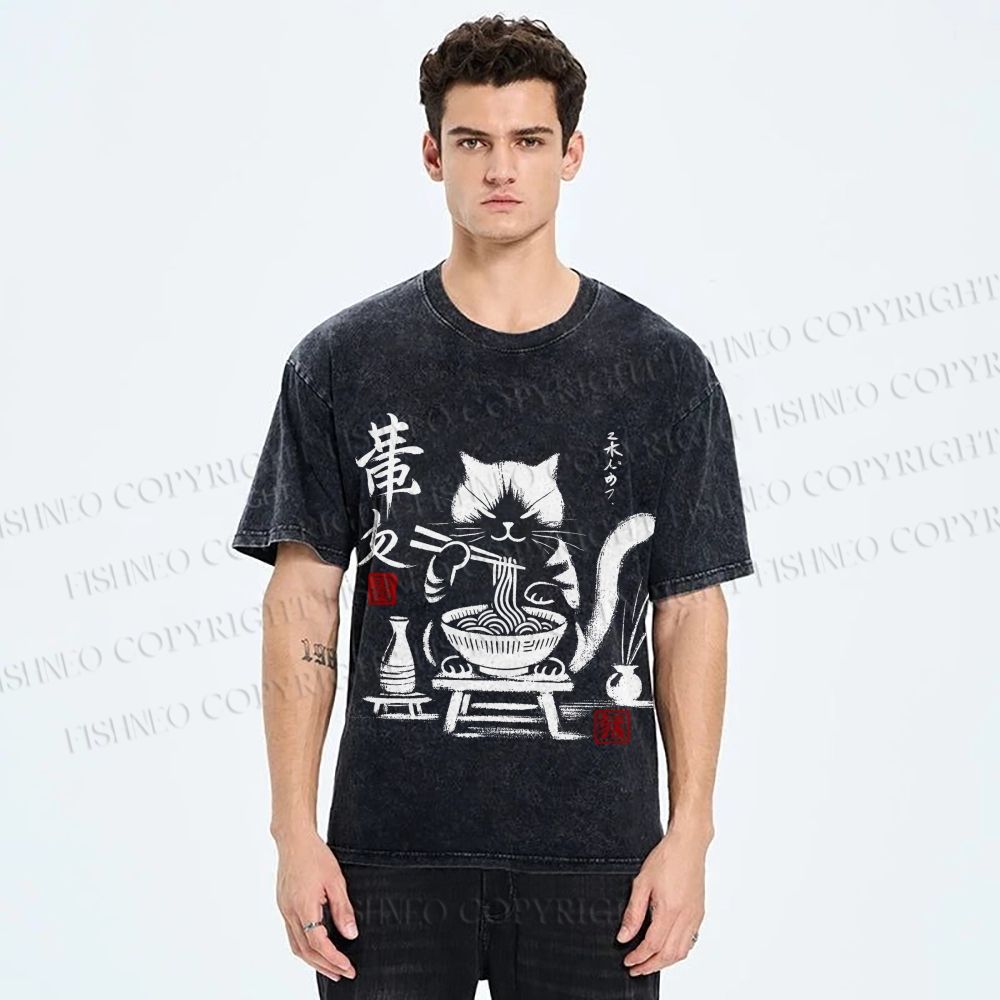 Unisex Ramen Cat Printed Washed Tee