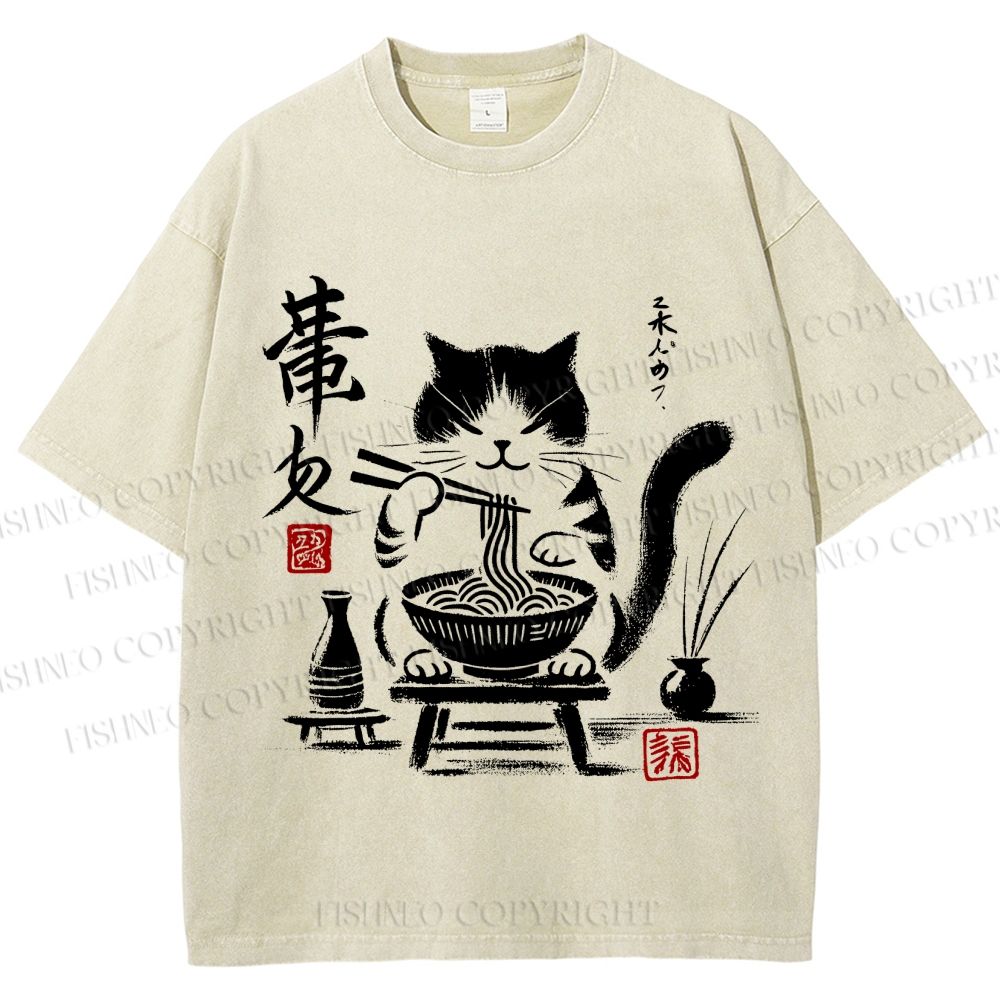 Unisex Ramen Cat Printed Washed Tee