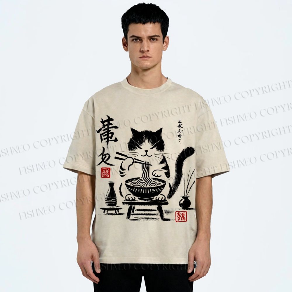 Unisex Ramen Cat Printed Washed Tee