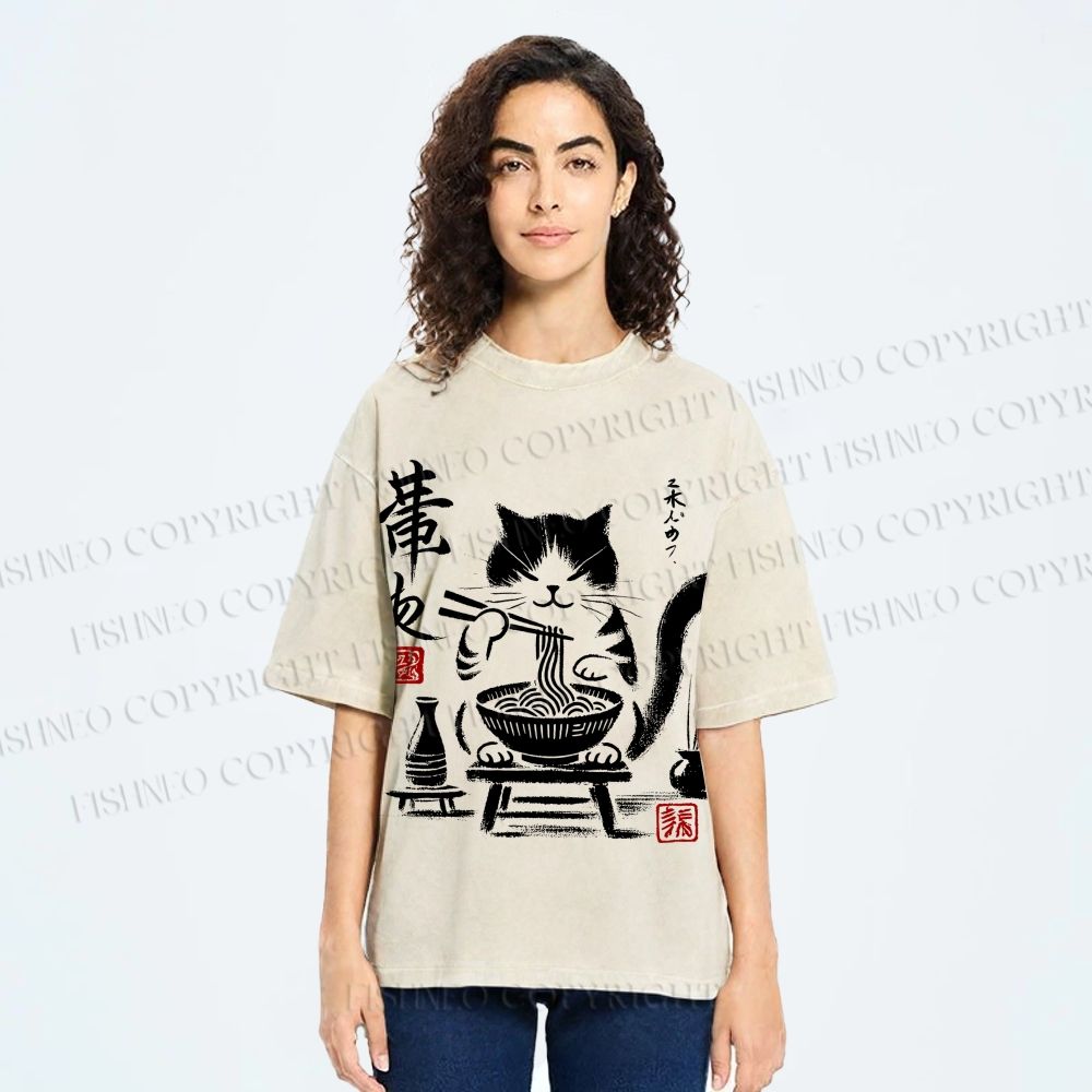 Unisex Ramen Cat Printed Washed Tee
