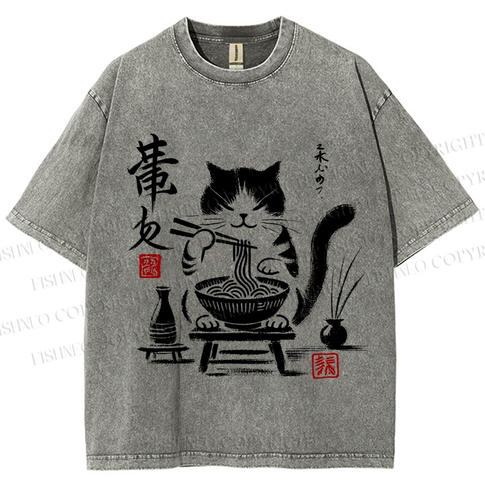 Unisex Ramen Cat Printed Washed Tee