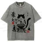 Unisex Ramen Cat Printed Washed Tee
