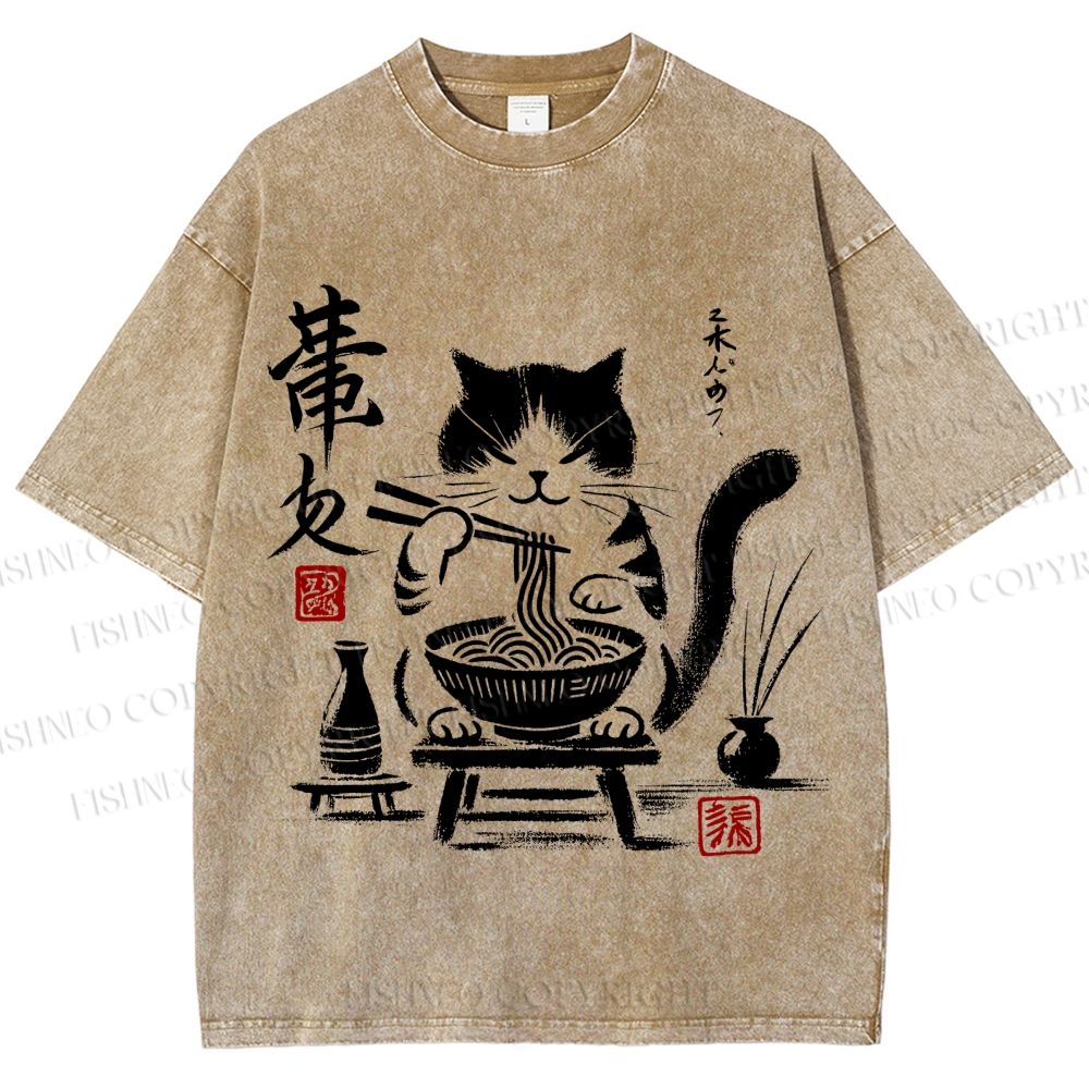 Unisex Ramen Cat Printed Washed Tee