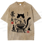Unisex Ramen Cat Printed Washed Tee