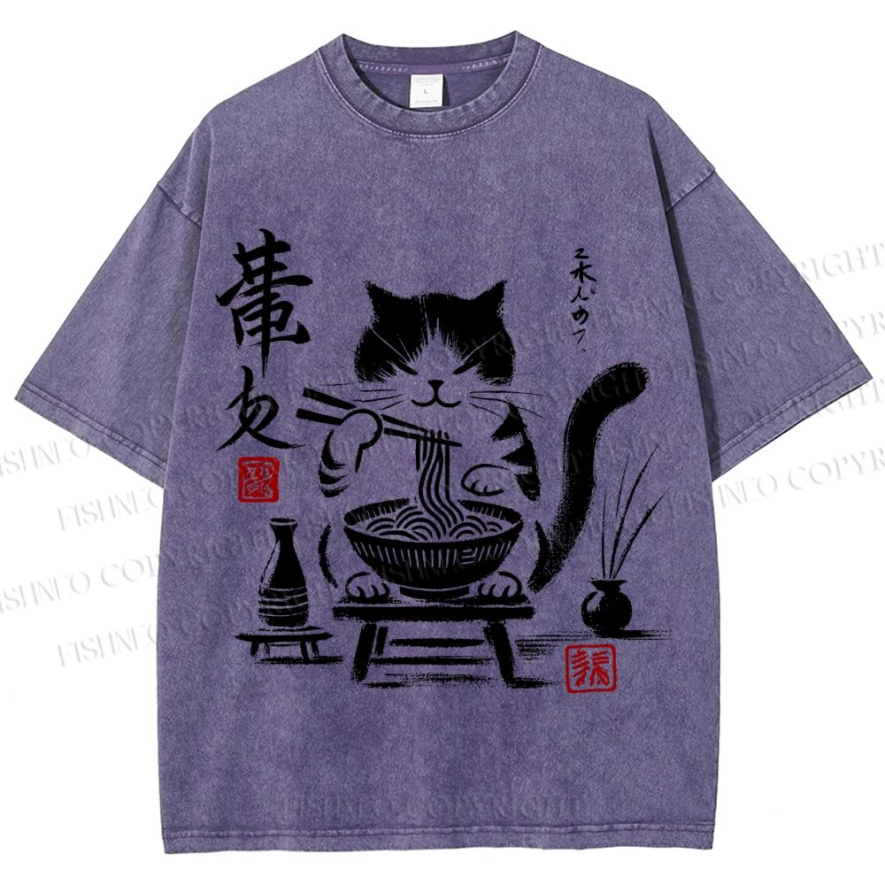Unisex Ramen Cat Printed Washed Tee