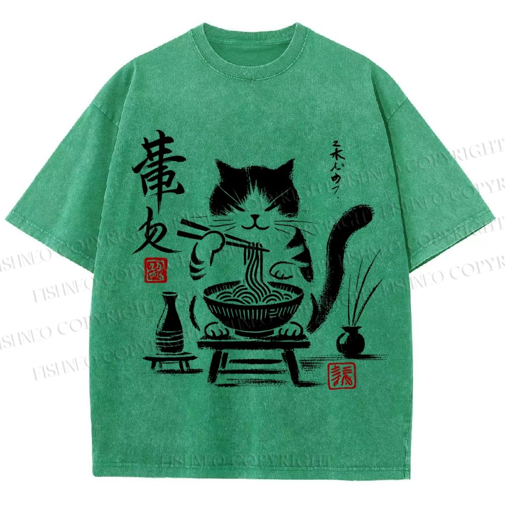 Unisex Ramen Cat Printed Washed Tee
