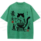 Unisex Ramen Cat Printed Washed Tee