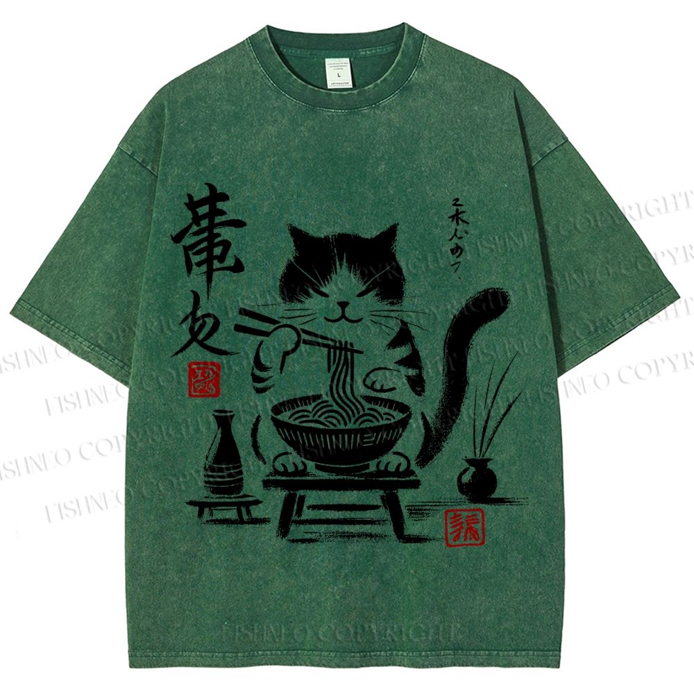 Unisex Ramen Cat Printed Washed Tee