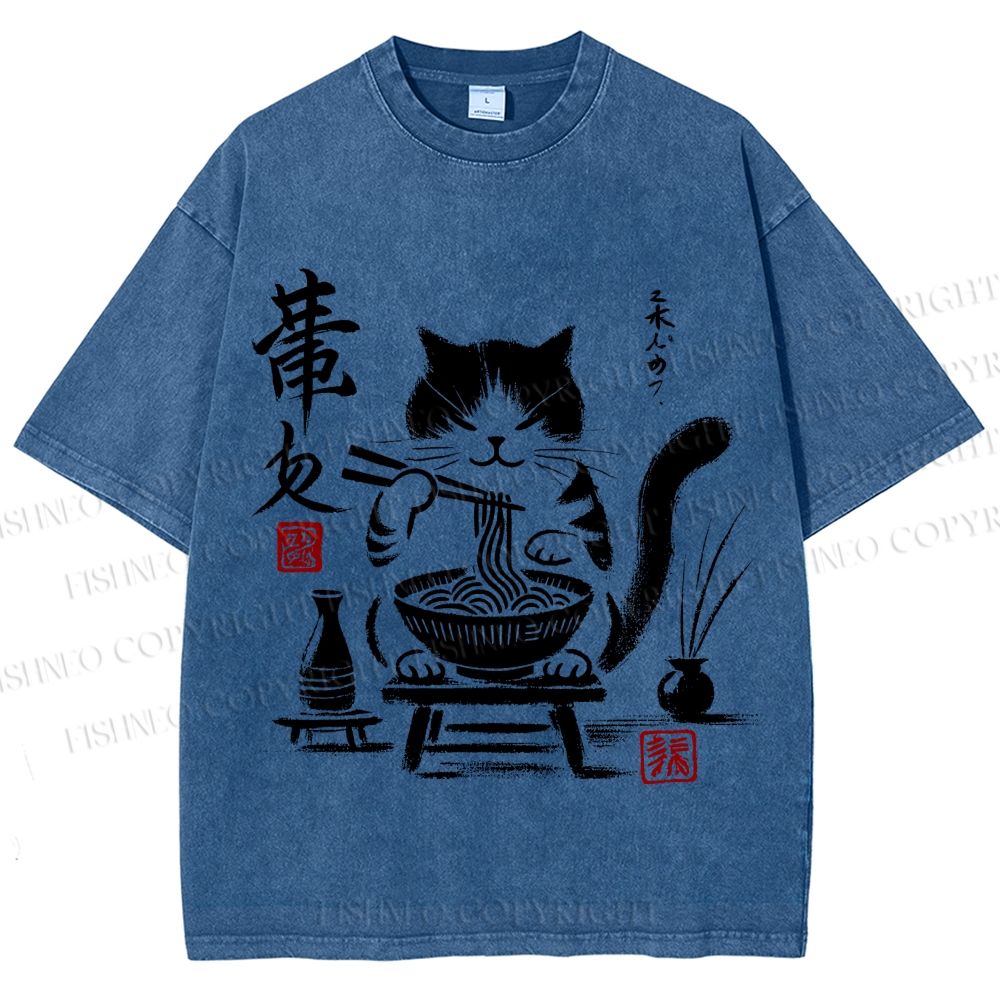 Unisex Ramen Cat Printed Washed Tee