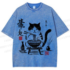 Unisex Ramen Cat Printed Washed Tee