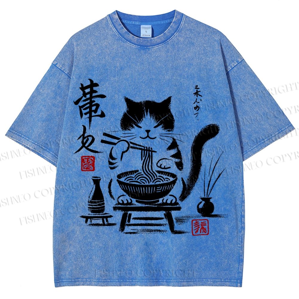 Unisex Ramen Cat Printed Washed Tee