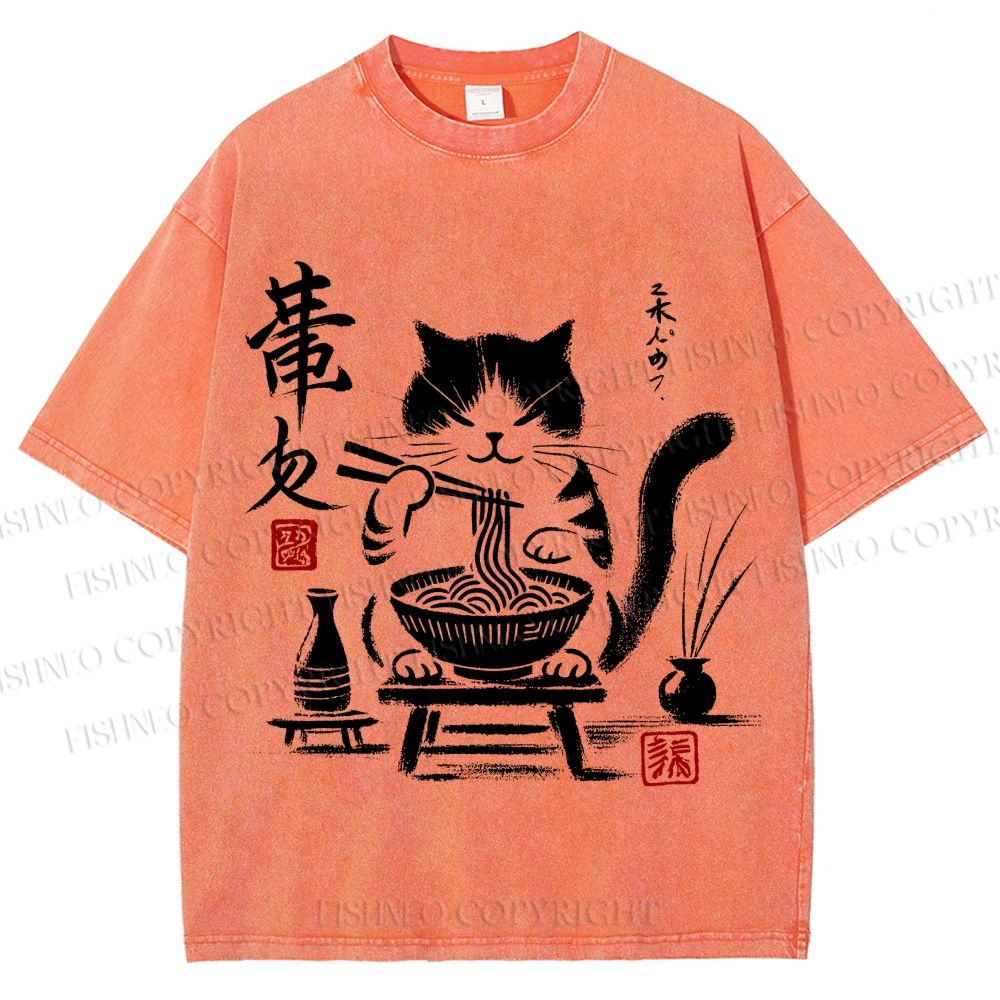 Unisex Ramen Cat Printed Washed Tee