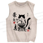 Unisex Ramen Cat Printed Washed Tank Top