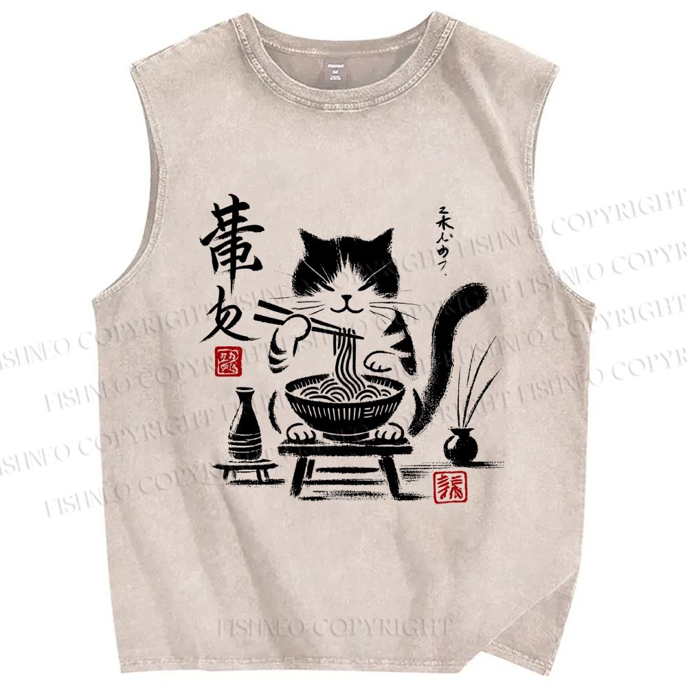 Unisex Ramen Cat Printed Washed Tank Top