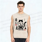 Unisex Ramen Cat Printed Washed Tank Top